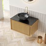 Wall-Hung Bathroom Sink 61cm Black Ceramic Bowl Sintered Stone Top Drawer - Corolla Oak