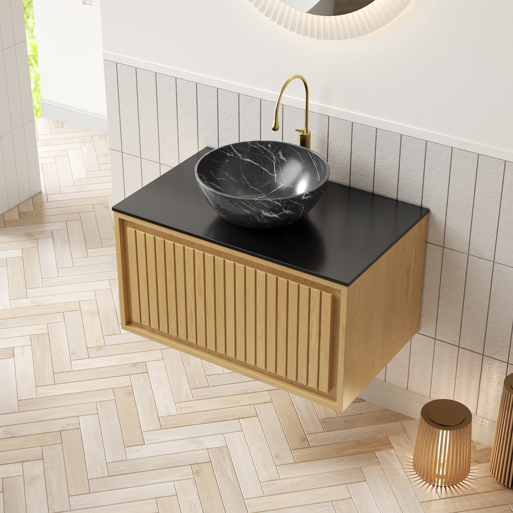 Wall-Hung Bathroom Sink 61cm Black Ceramic Bowl Sintered Stone Top Drawer - Corolla Oak