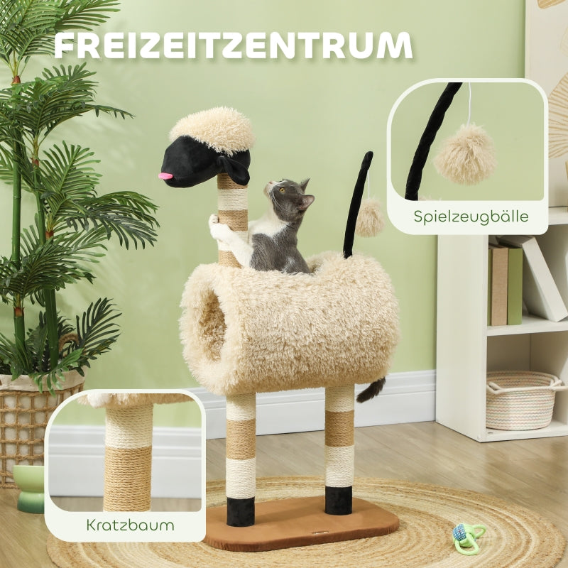 Cat Tree, Scratching Post Tunnel & Toys 98cm, Sheep Design Light Brown