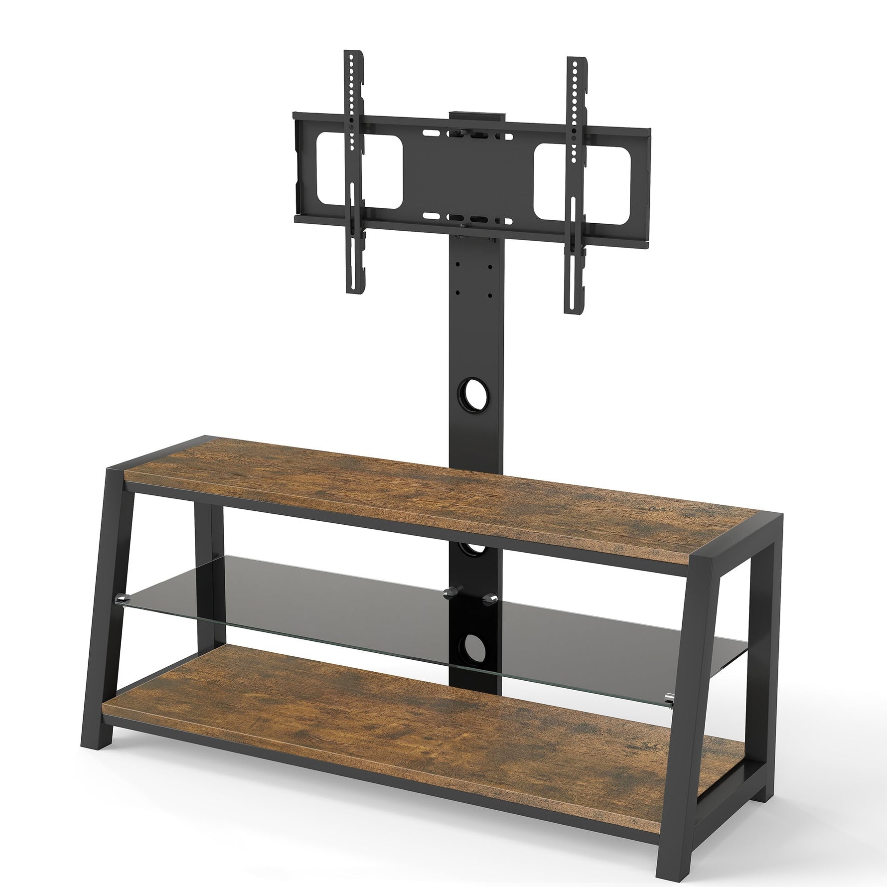 Wooden TV Cabinet Height-Adjustable Swivel Stand Wall Mount Black Tempered Glass Brown