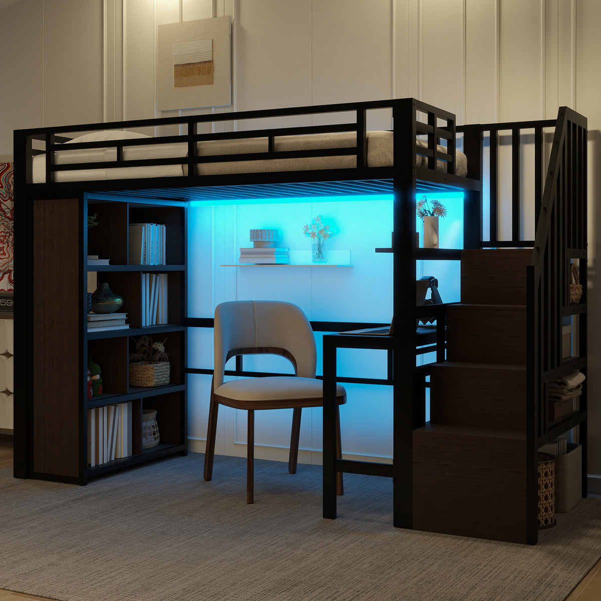 Loft Bed 90x200 cm with Desk, Storage & LED, Black Iron Frame
