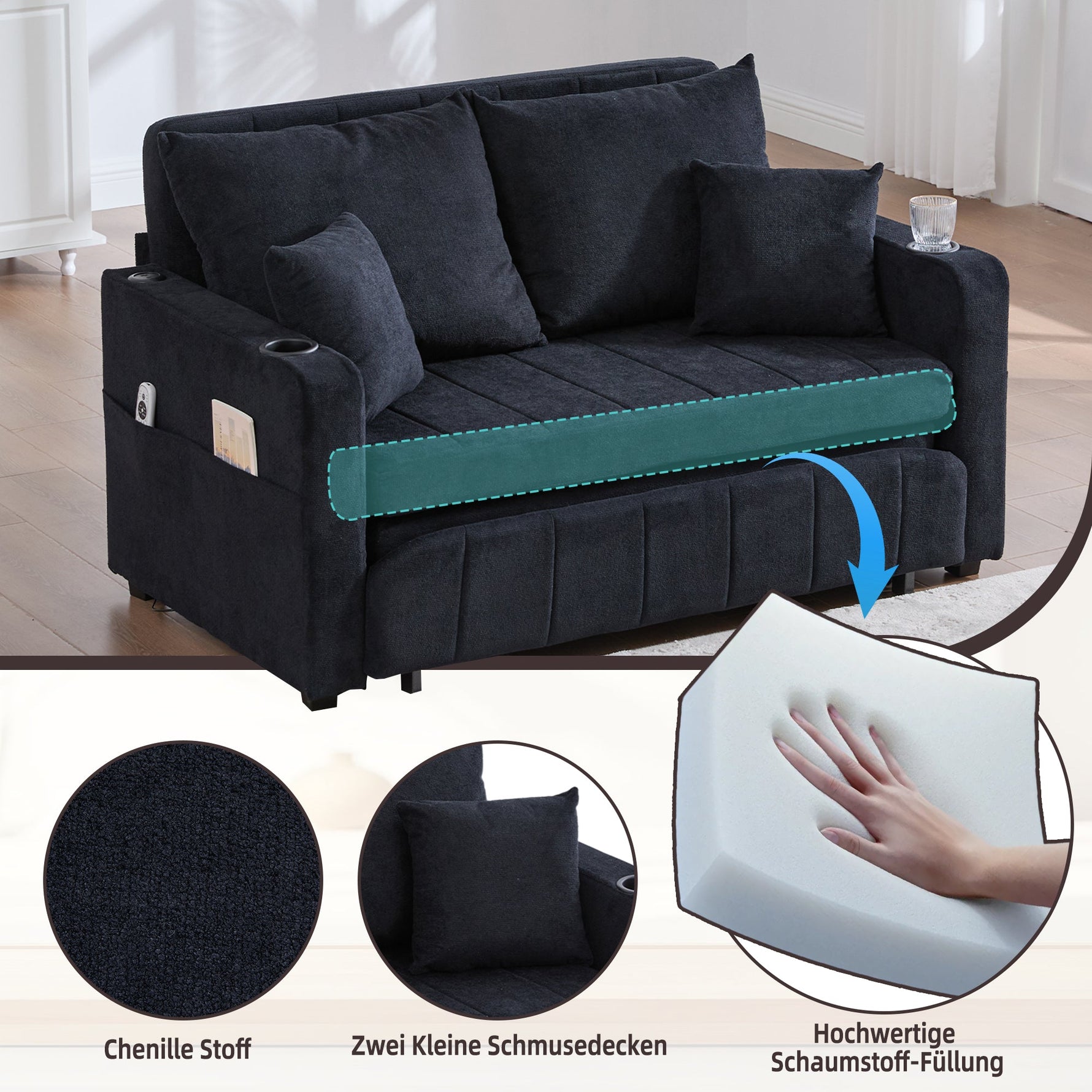 Multifunctional Sofa Bed, Foldable Pull-Out, USB Charging, Cup Holder, Fabric