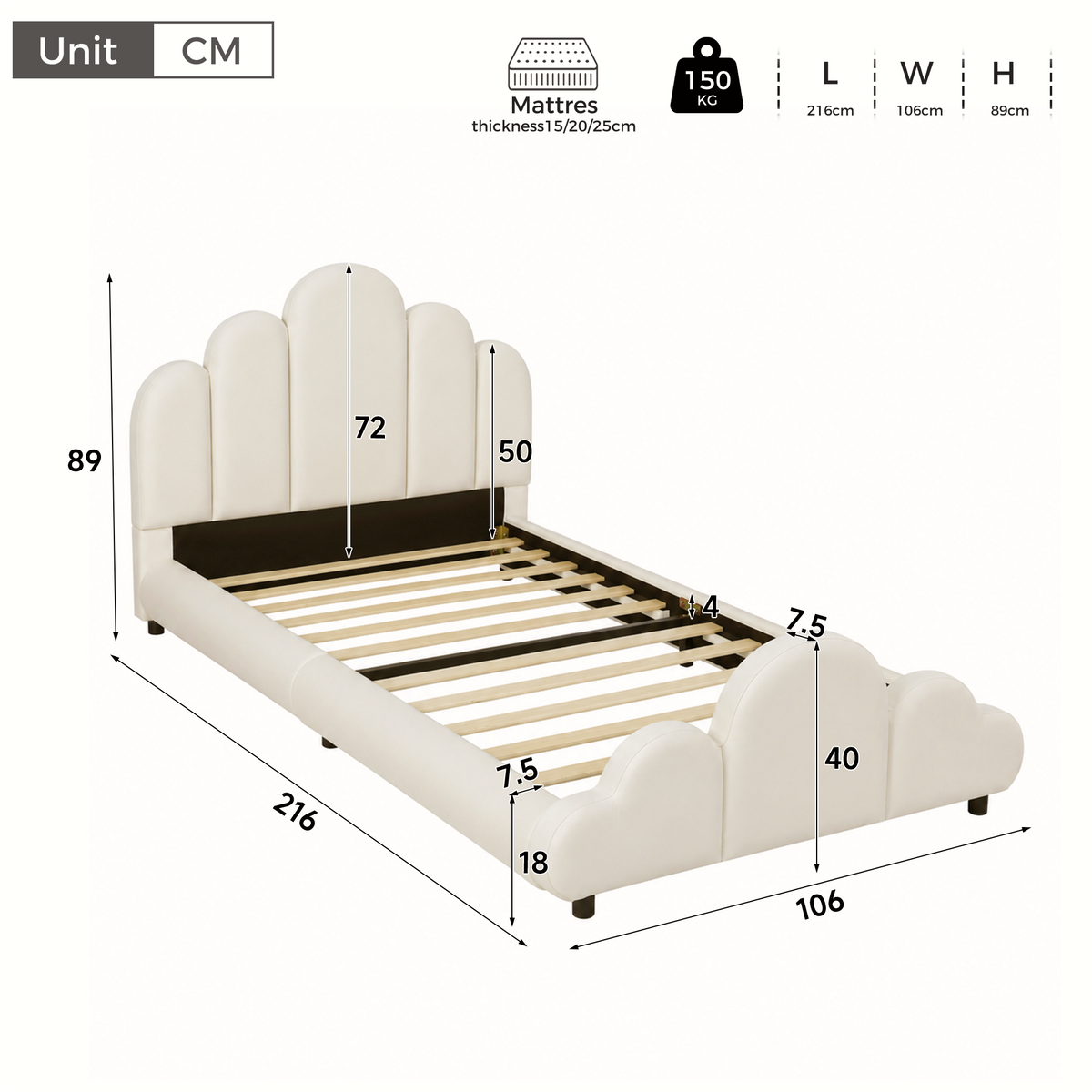 Upholstered Single Children's Bed 90x200cm - Beige Velvet