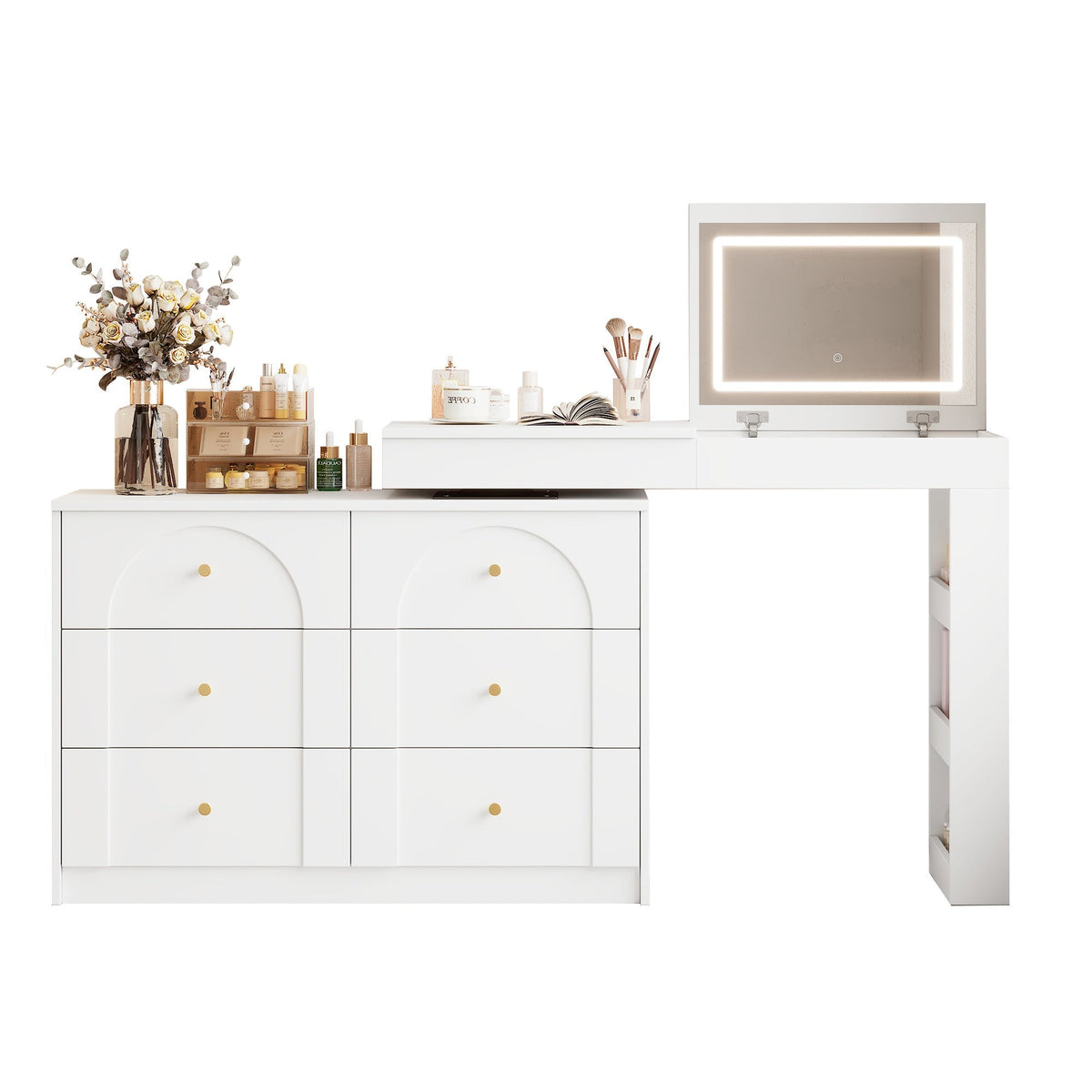 Rotating Dressing Table, LED Lighting, Vanity/Office Table, White