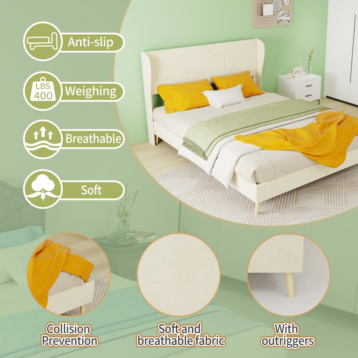 Upholstered Bed with Soft Headboard & Mattress, 140x200 cm, Beige