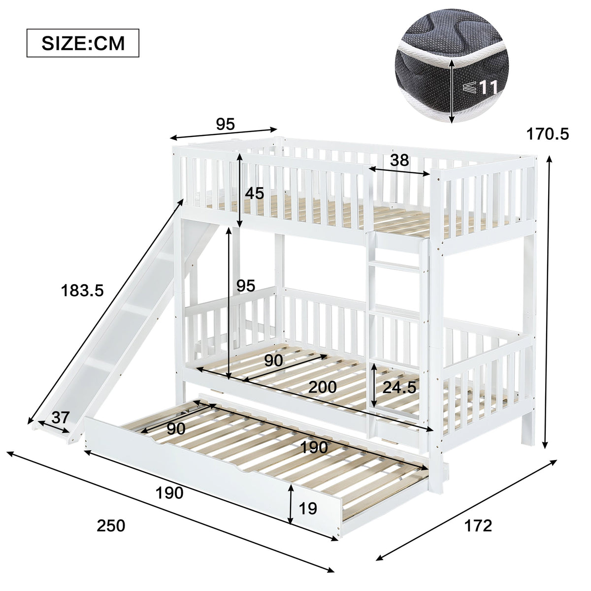 Bunk Bed with Trundle, Slide & Shelves, Pine + MDF White