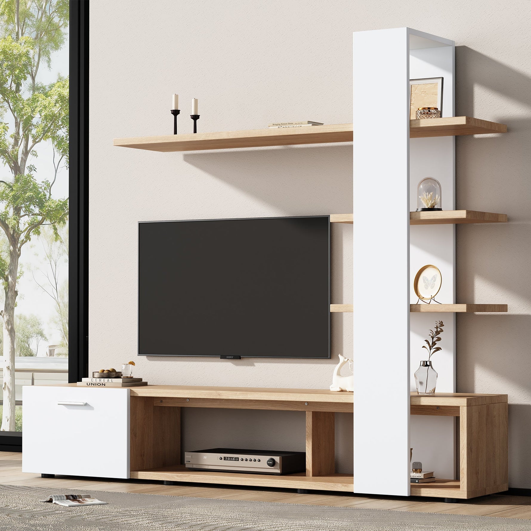 Living Room Wall Cabinet, 180x33.5x151.5cm, for TVs under 60 inches, Modern Oak White