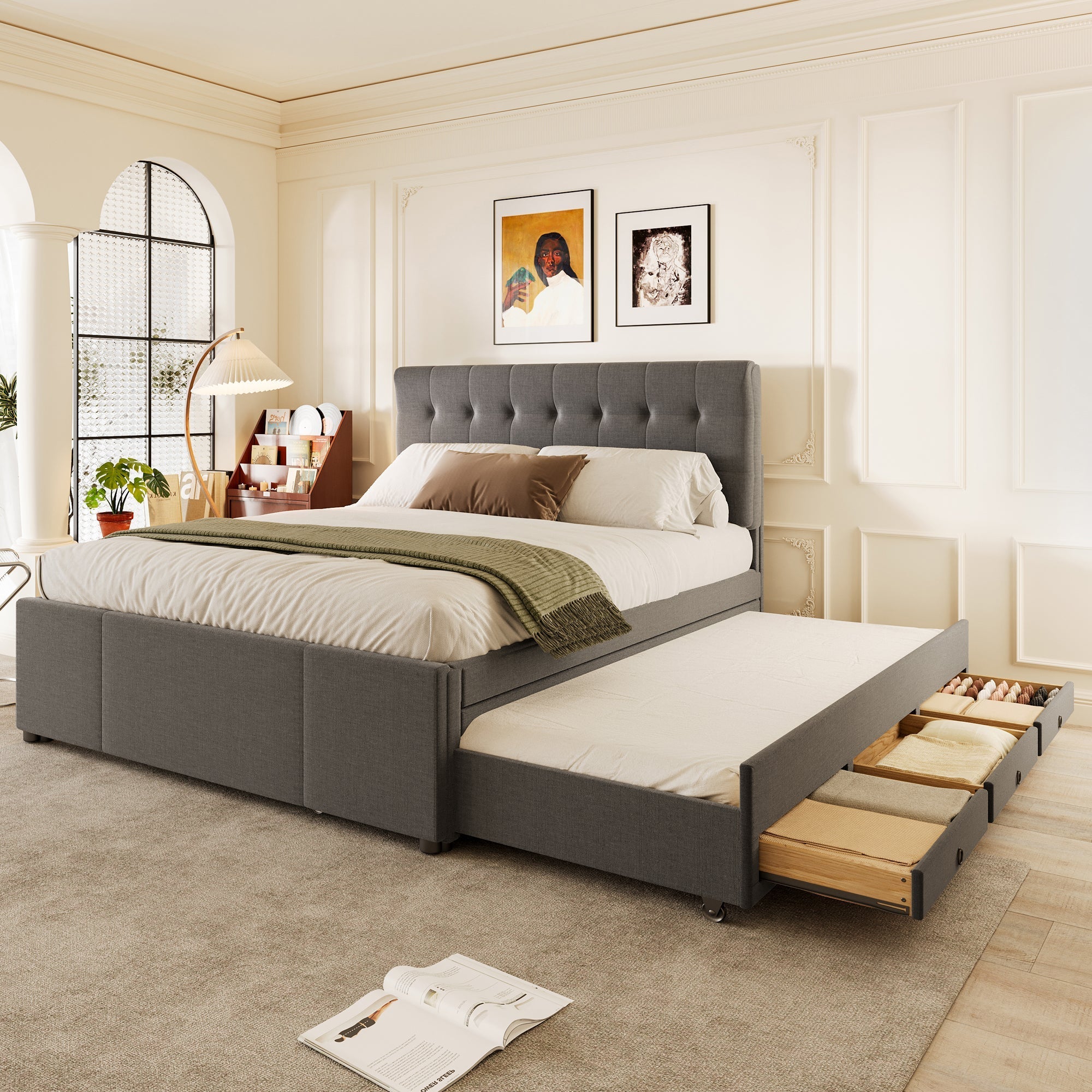 Upholstered Double Bed with 3 Drawers and Extendable Bed, 140x200cm, Grey