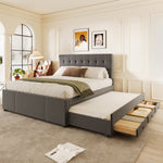 Upholstered Double Bed with 3 Drawers and Extendable Bed, 140x200cm, Grey
