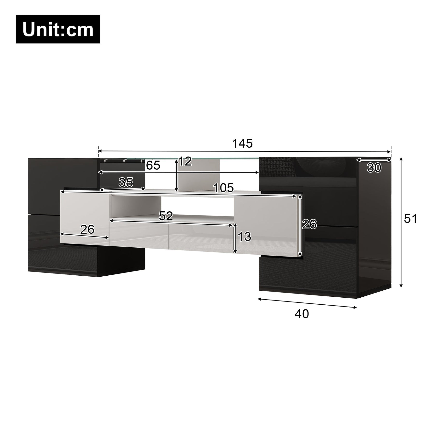 Stylish TV Cabinet Lowboard 145cm LED High-Gloss White
