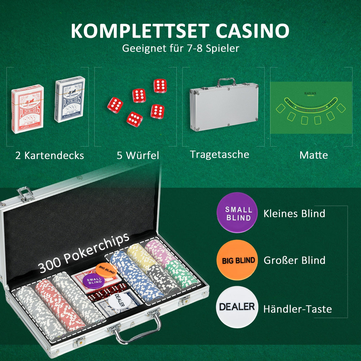 Poker Case Set 300 Chips 11.5g with Lock, Silver