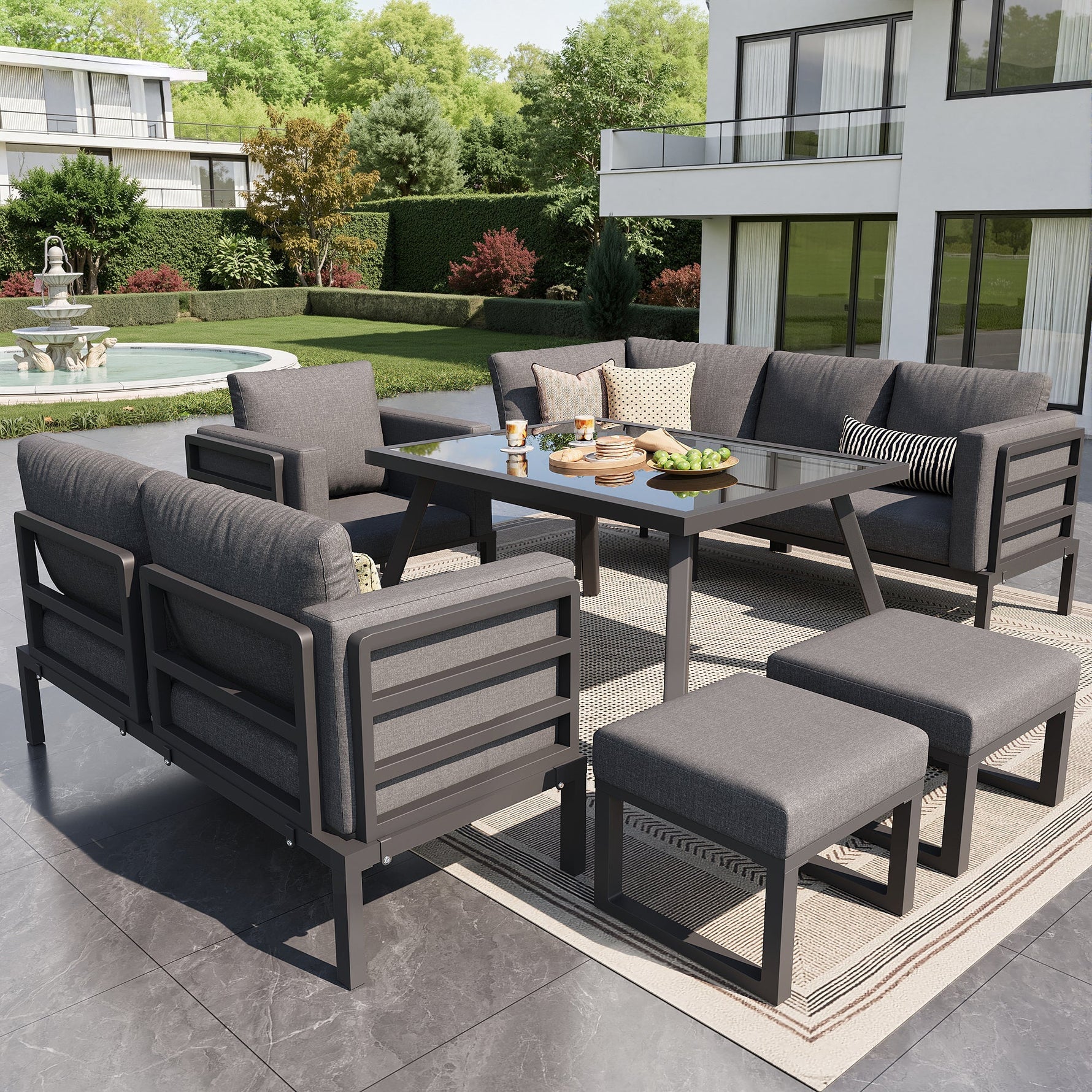 Garden Sofa Set Crescent 8-Person with Glass Table Weatherproof - Grey Cushions
