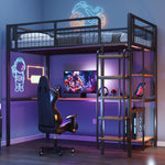 Metal Loft Bed 90x200cm Safety Ladder Storage Black