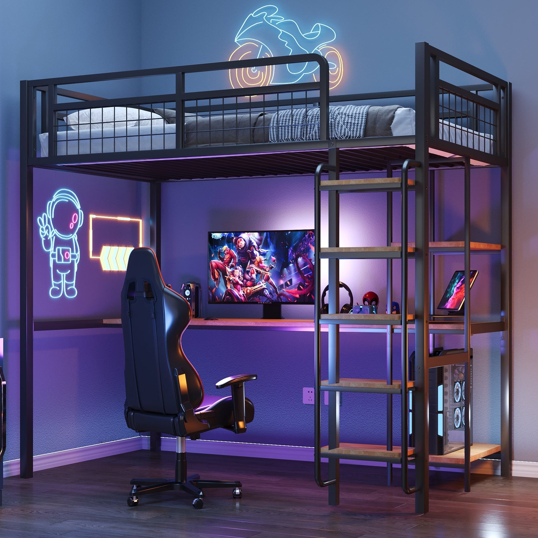 Metal Loft Bed 90x200cm Safety Ladder Storage Black