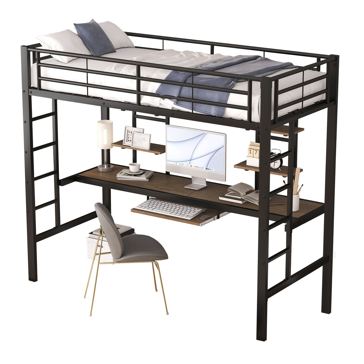 Loft Bed 90x200cm with Desk and 2 Bookshelves - Black Metal