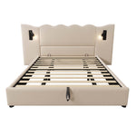 Upholstered Double Bed 180x200 with Lamp & USB, Beige Linen