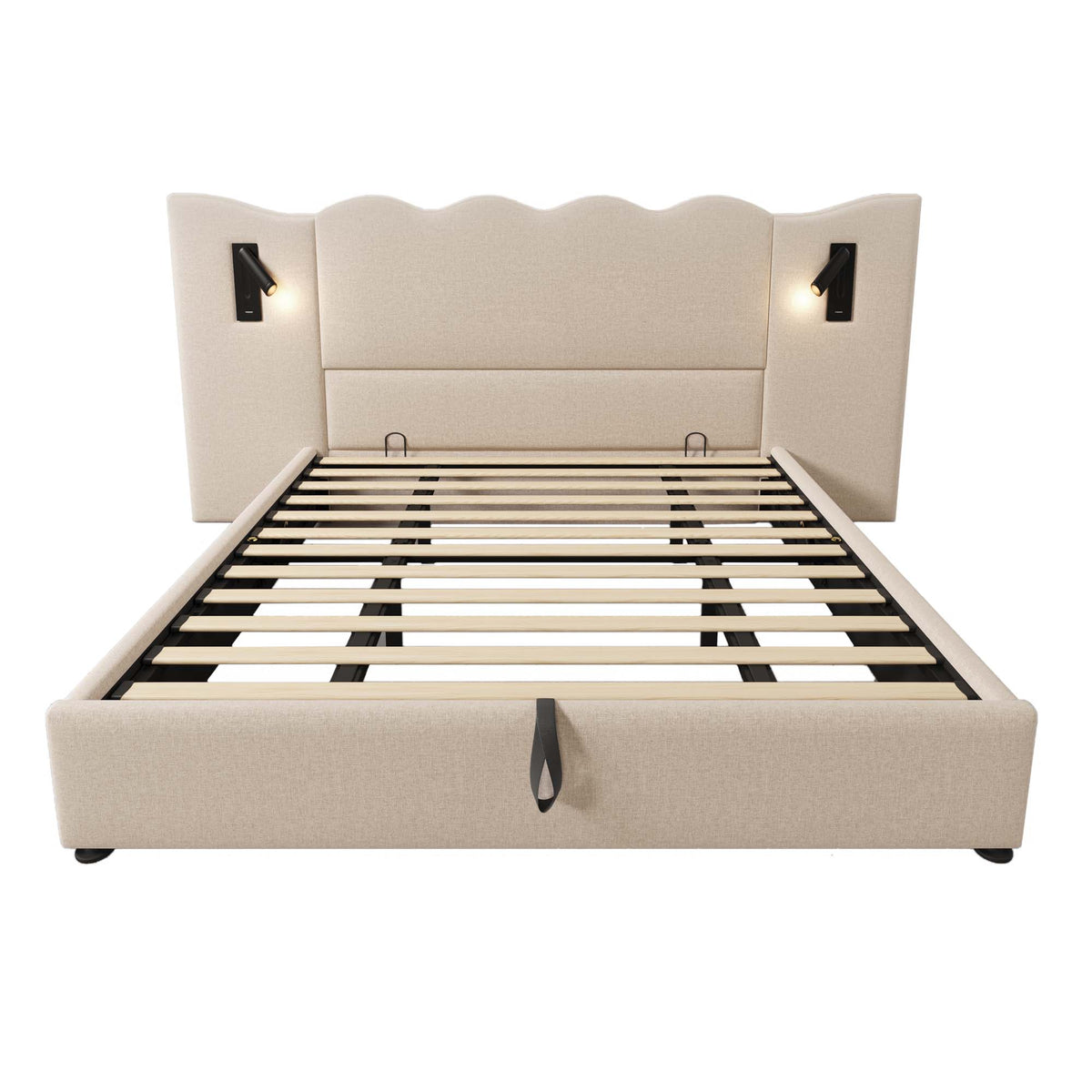 Upholstered Double Bed 180x200 with Lamp & USB Storage - Beige Linen