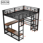 Loft Bed 140x200cm with Storage, Wardrobe & LED, Black Metal