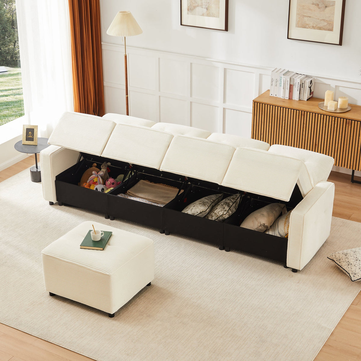 4-Seater Straight Corduroy Sofa with Under-Seat Storage and Freestanding Ottoman, Beige
