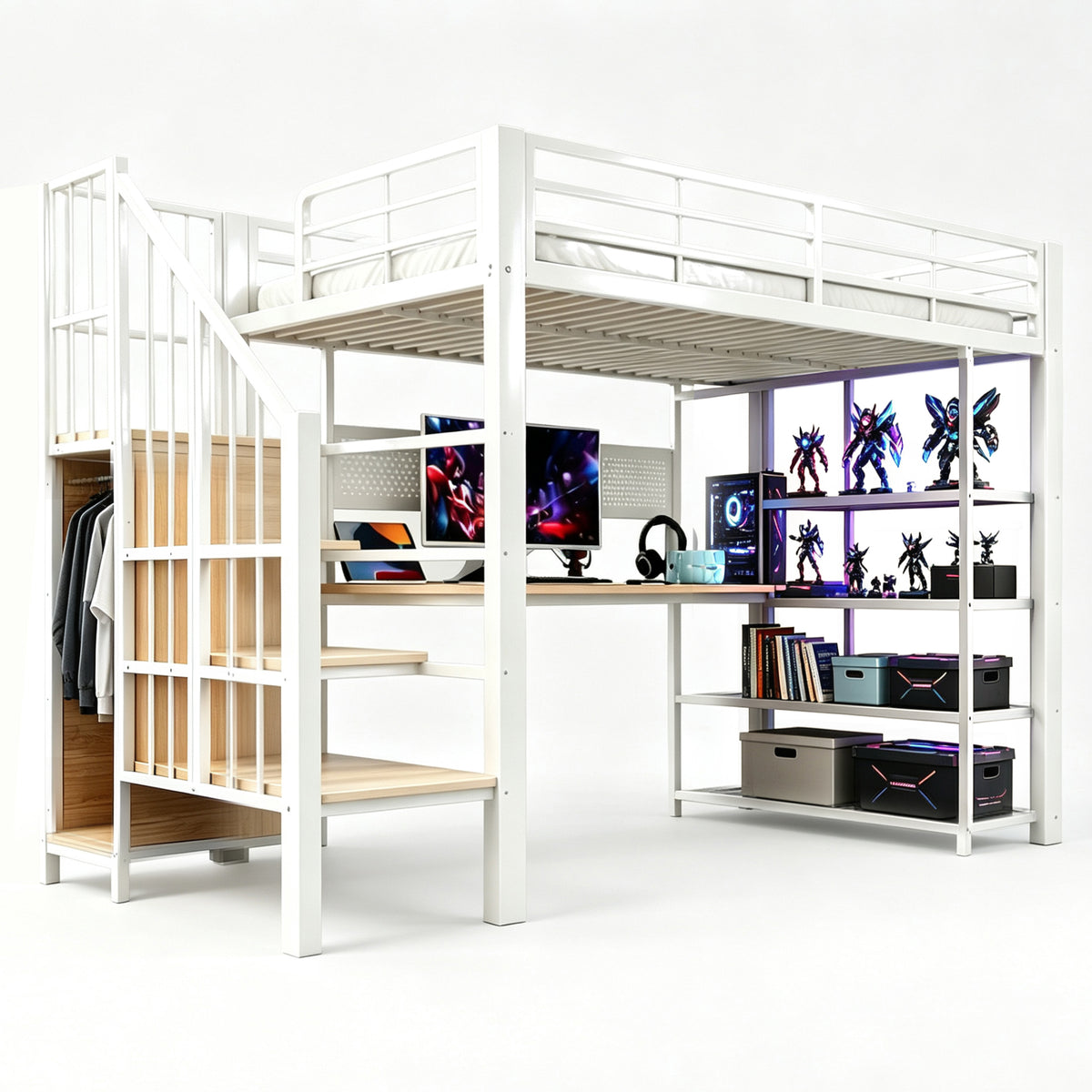 Iron Loft Bed 90x200cm with Desk, Pegboard & Storage - White