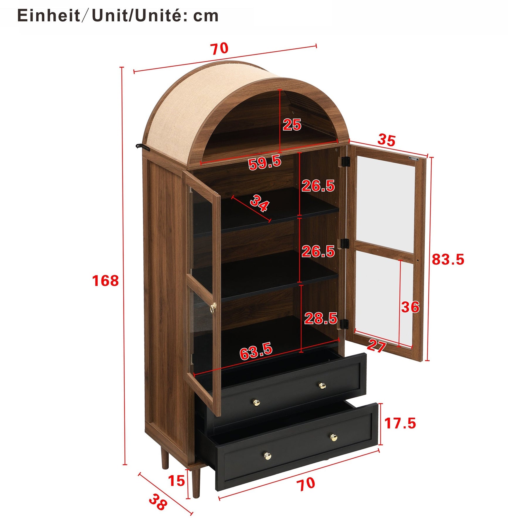 Retro Storage Cabinet with Adjustable Shelves and Curved Glass, Luxurious Sideboard