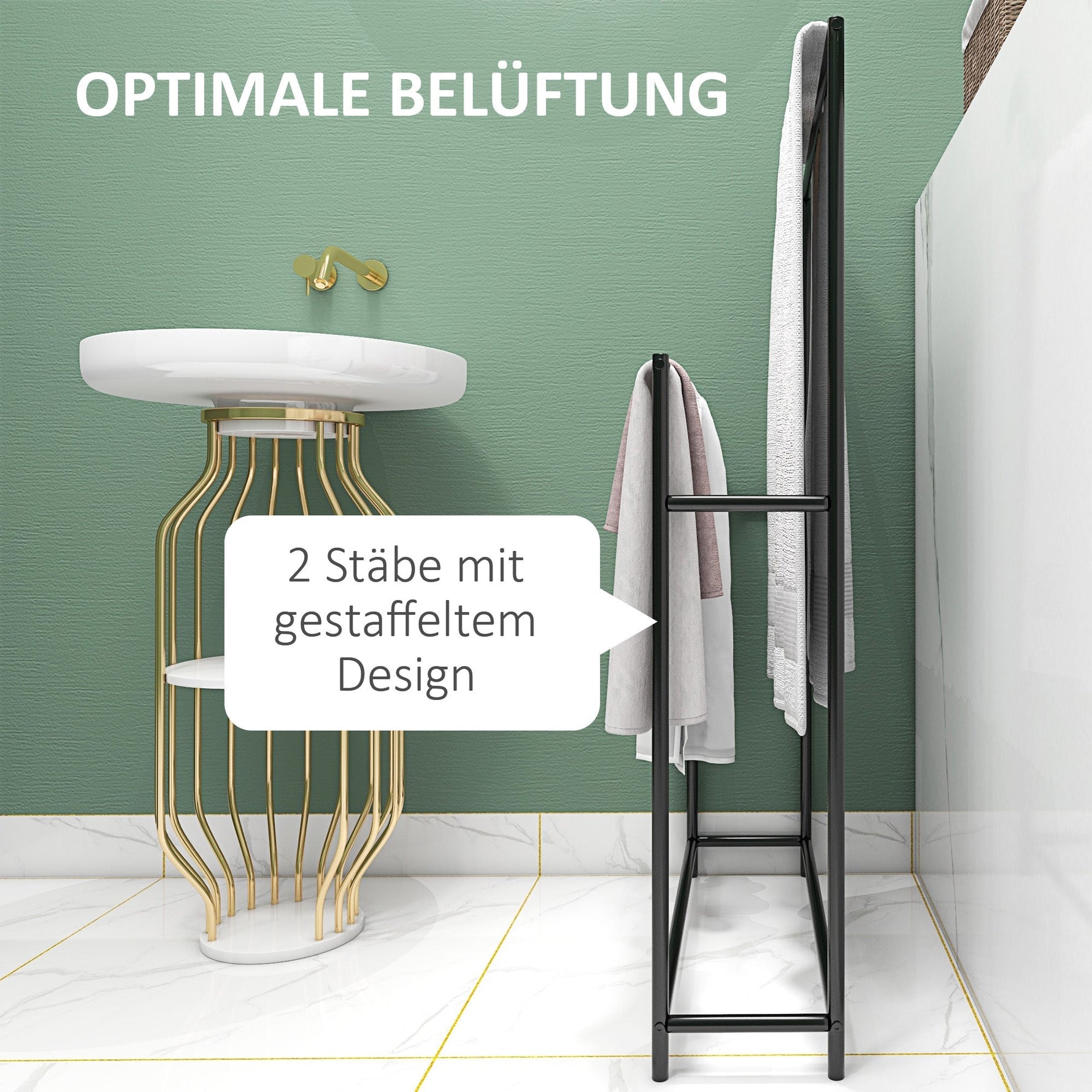 Towel Rail, Freestanding with 2 Rails, Metal, Black