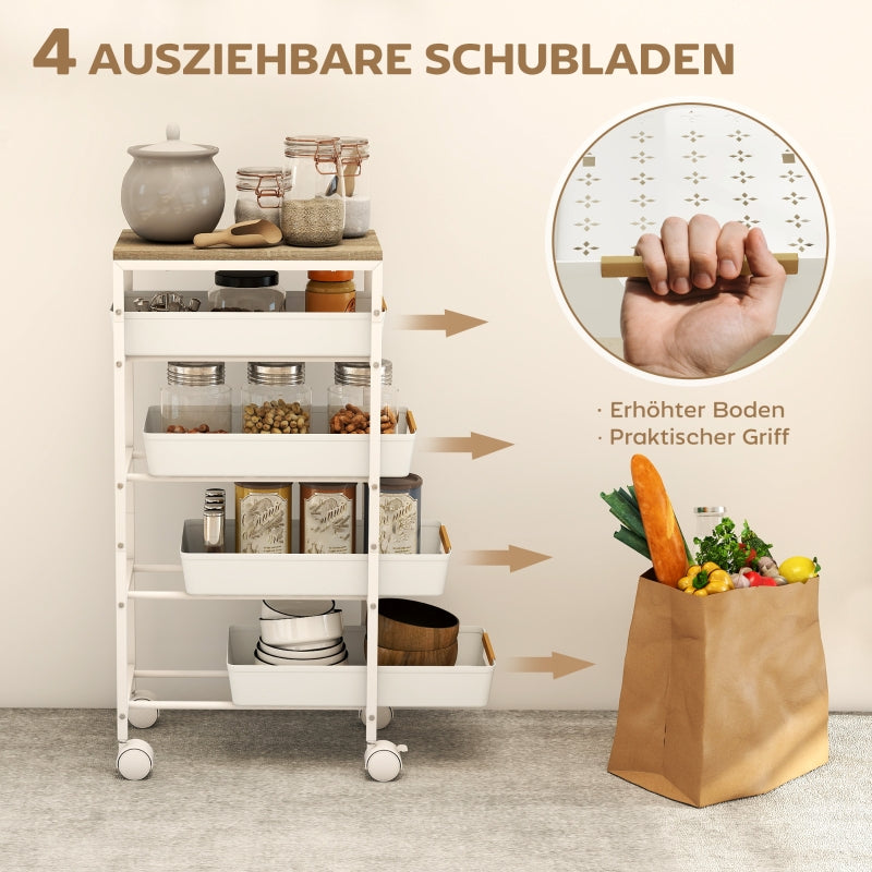 Kitchen Cart 5-Tier Rolling, 4 Drawers, White Wood Effect