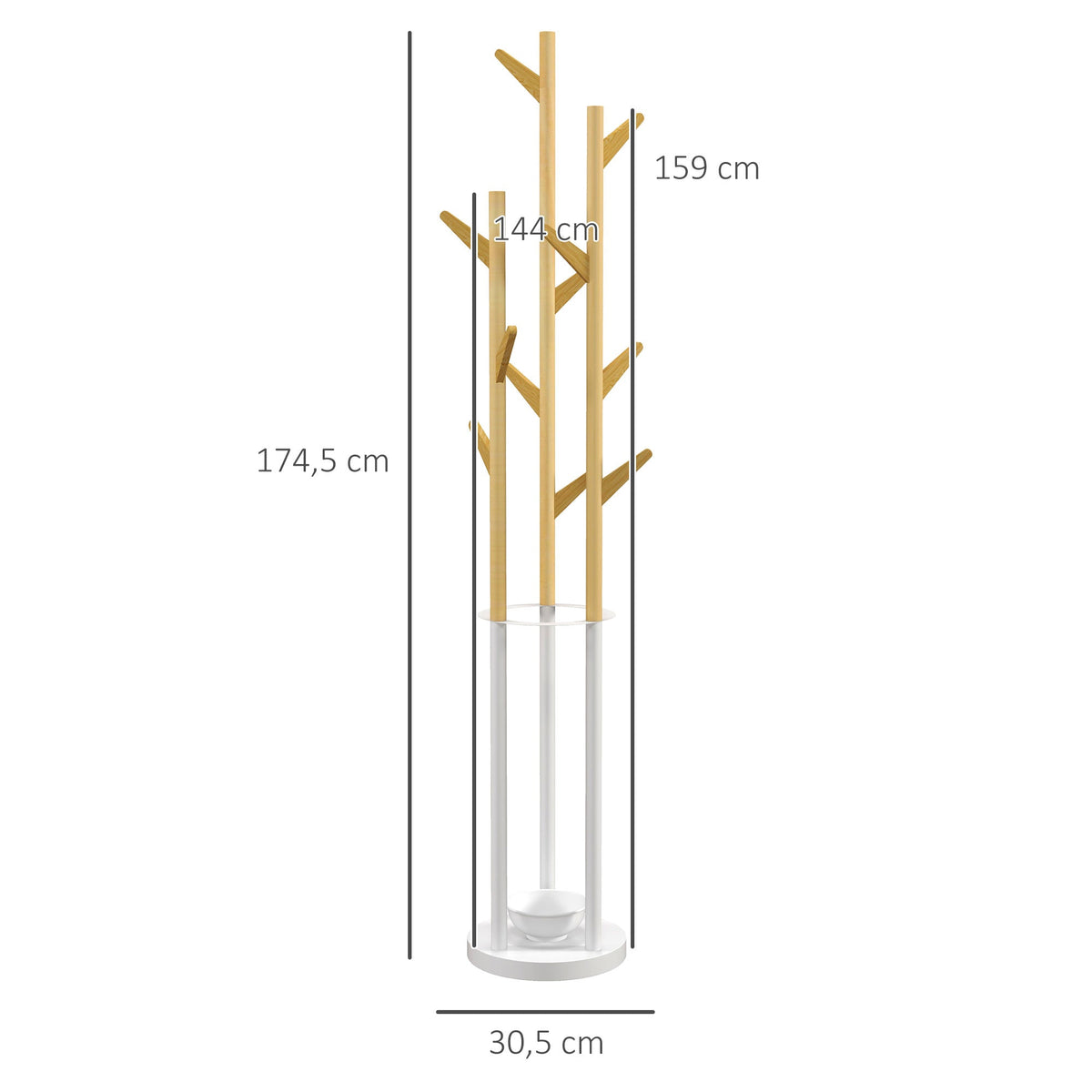 Coat Rack with Umbrella Stand, 13 Hooks, Metal and Bamboo, Natural and White