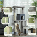 Cat Tree 132cm, Scratching Posts, Bed, House, Platforms, Grooming Brush, Light Grey