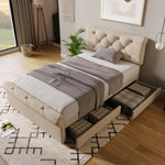 Single Upholstered Bed, 90x200cm, 2 Drawers, Adjustable Headboard, Chesterfield, Natural