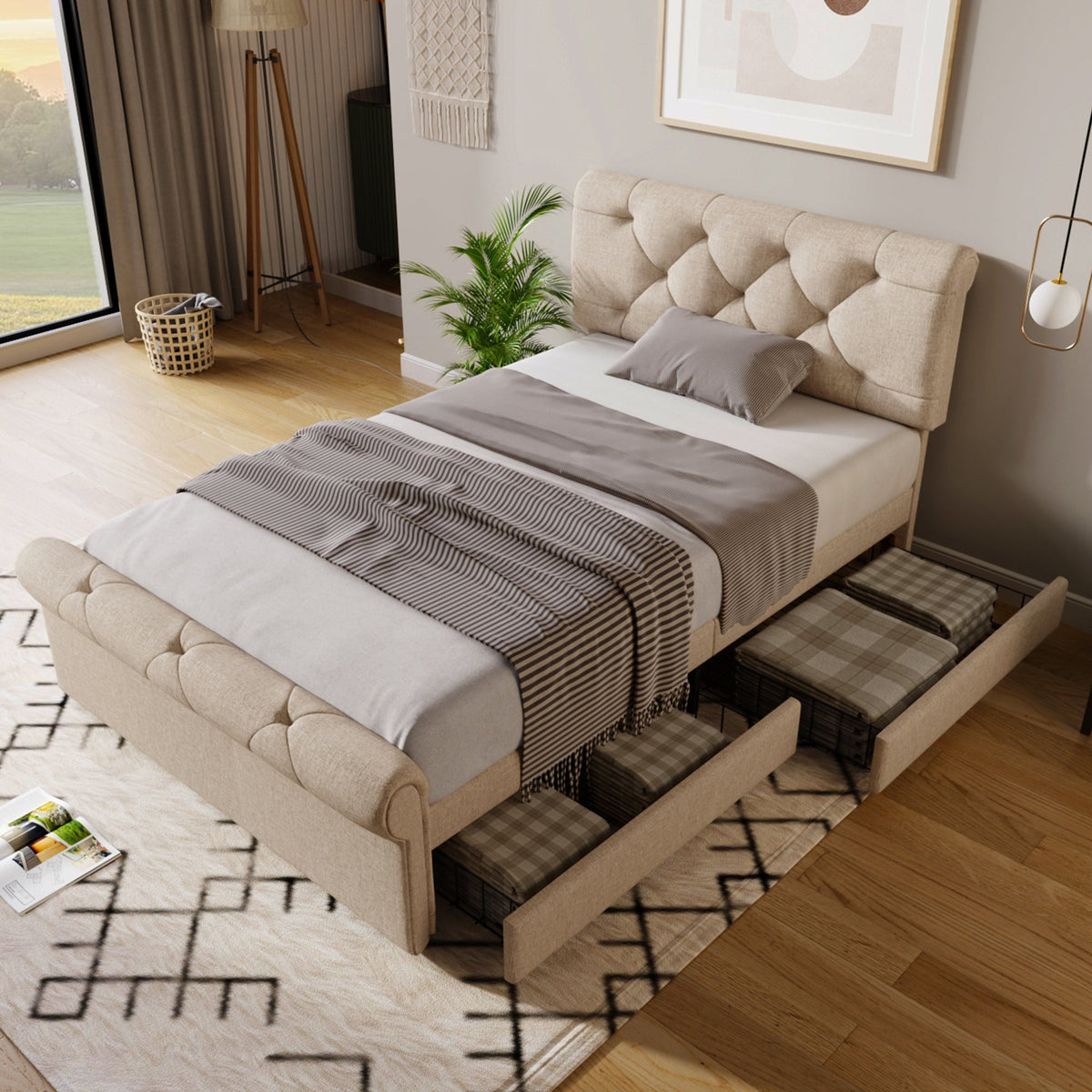 Single Upholstered Bed, 90x200cm, 2 Drawers, Adjustable Headboard, Chesterfield, Natural