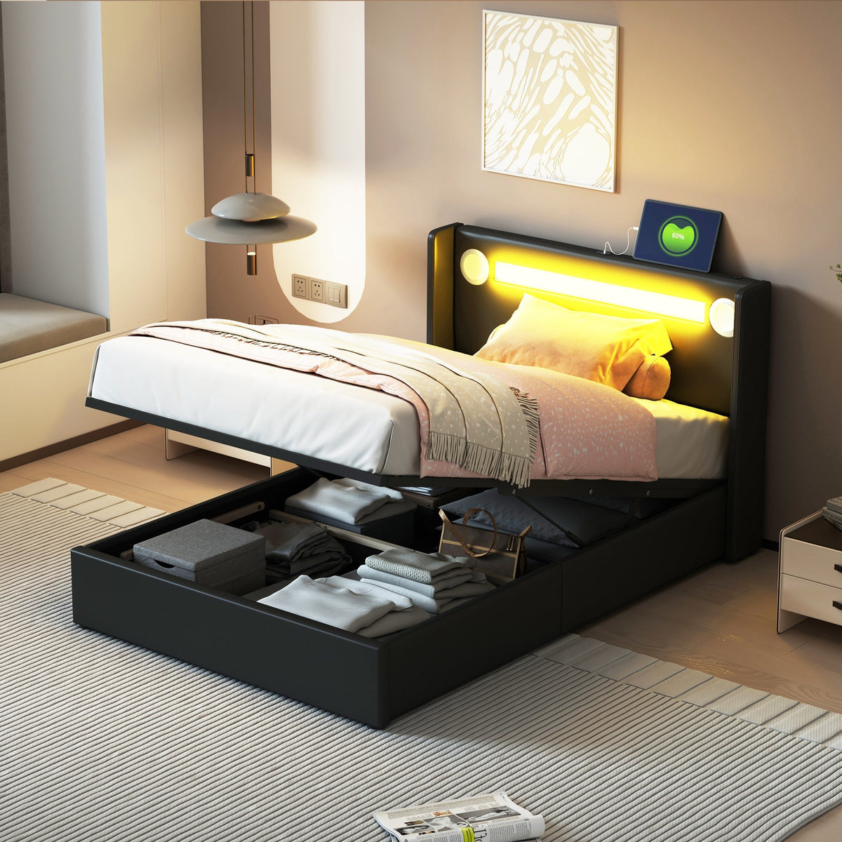 Children's Bed 90x200 with LED, Bluetooth & USB, PU Leather