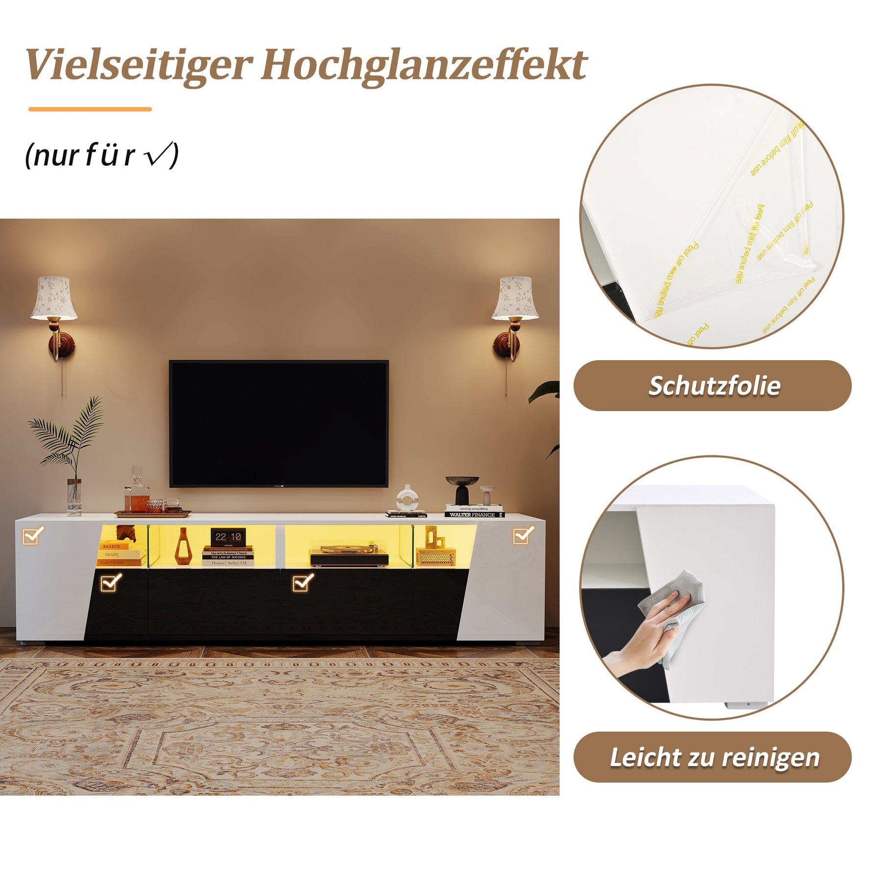 High-Gloss TV Stand 180cm LED 2 Drawers 2 Cabinets For 80 Inch TV - White/Black