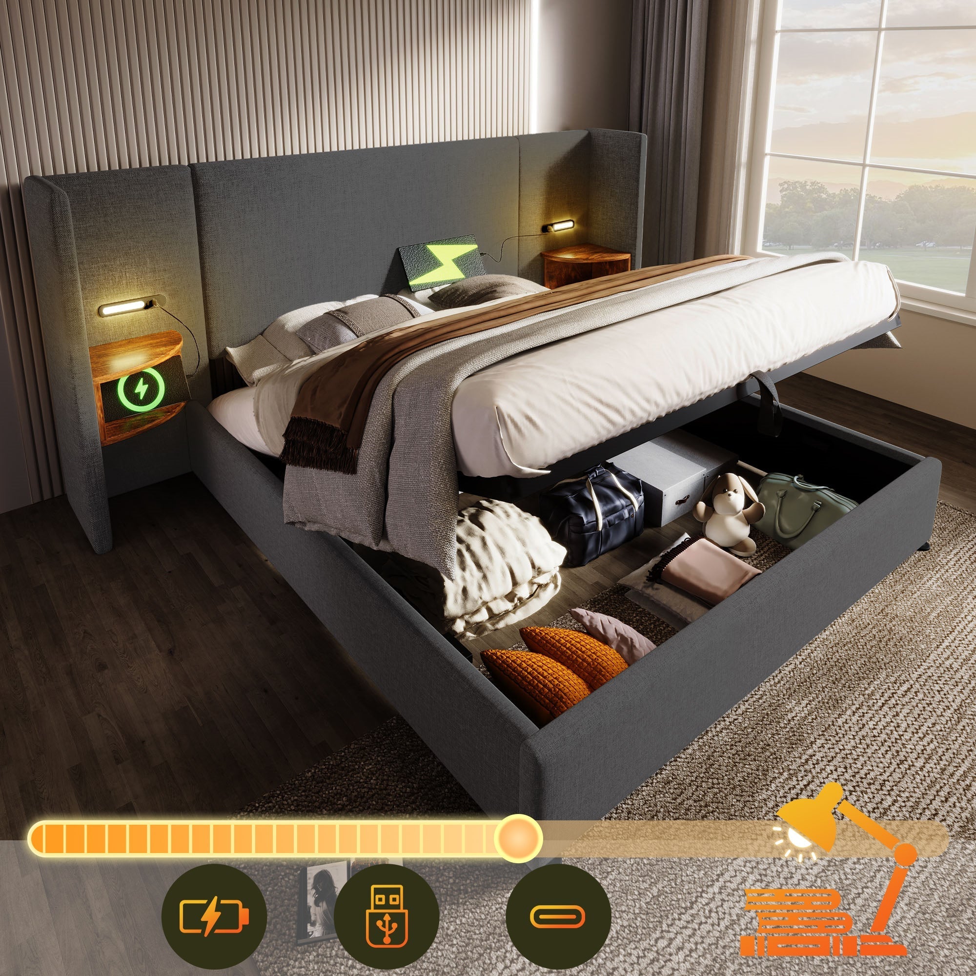Upholstered Double Bed 160x200, with Bedside Table, Reading Lamp, USB-C, Gray Linen