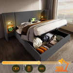 Upholstered Double Bed 160x200, with Bedside Table, Reading Lamp, USB-C, Gray Linen