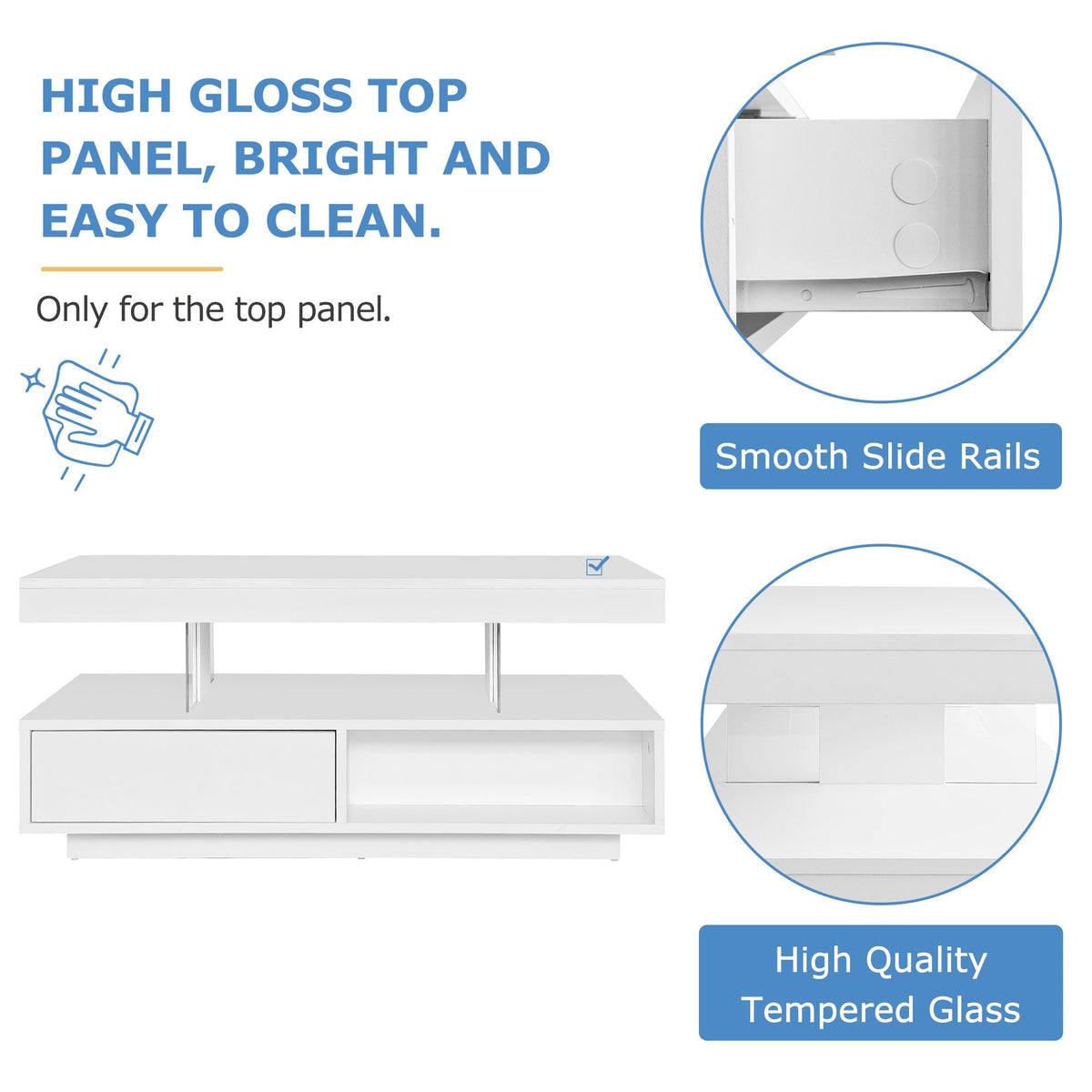 Coffee Table 95x50x42.5 cm with 4 Glass Tops, 2 Drawers, 2 Open Compartments, White High-Gloss