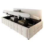 Upholstered Single Sofa Bed 90x200cm Hydraulic Storage Check Pattern - Beige Velvet