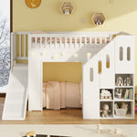 Bunk Bed with Slide, Storage Stairs and LED Light Strip, White Solid Wood