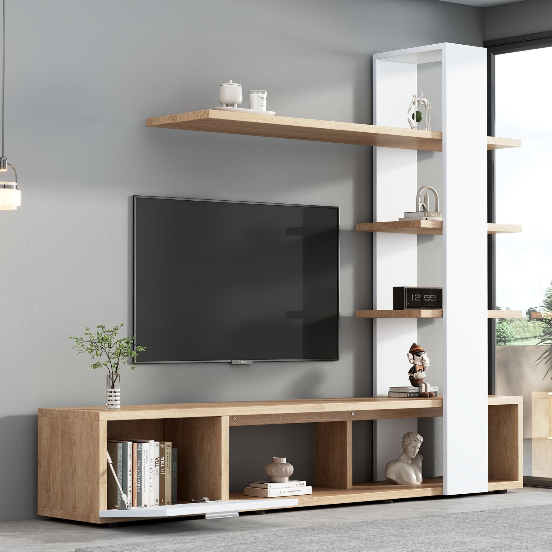 Living Room Wall Cabinet, 180x33.5x151.5cm, for TVs under 60 inches, Modern Oak White