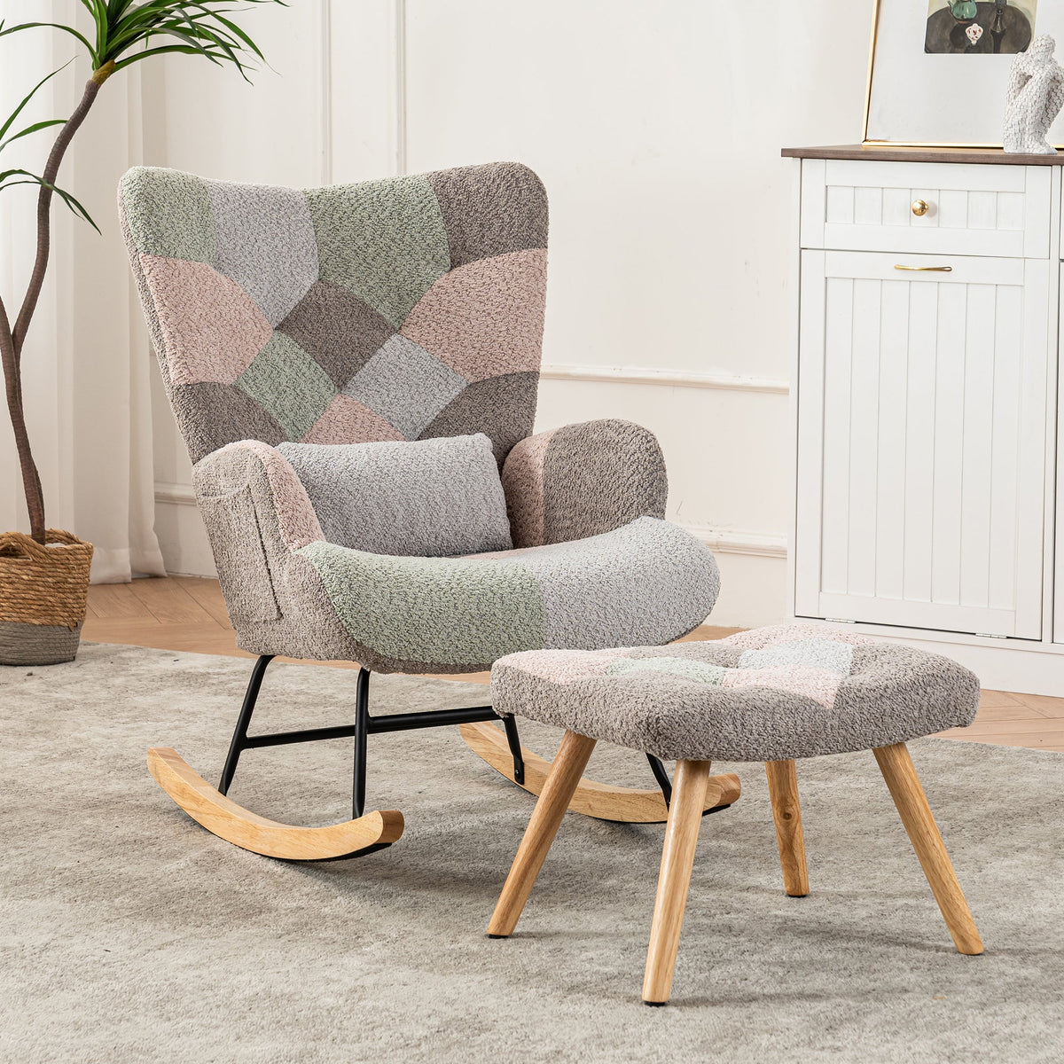 Rocking Chair with Footrest & Lumbar Cushion, Sturdy Rubberwood, Multicolored