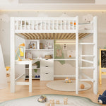 Loft Bed 140x200cm Storage Ladder Desk 3 Drawers, White