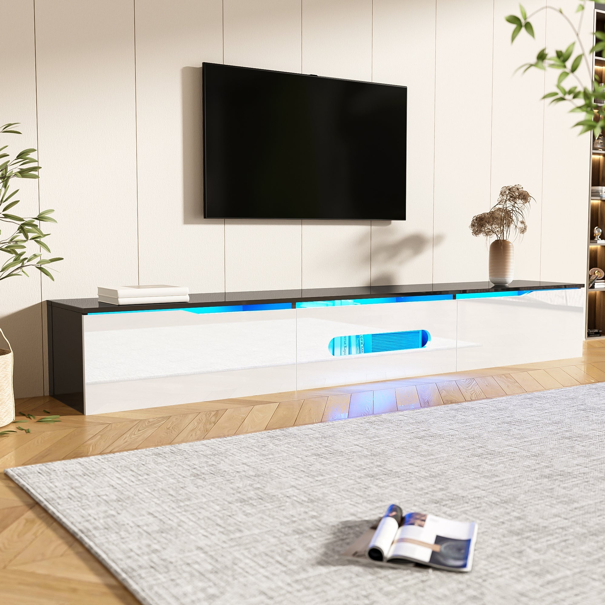 TV Cabinet 180cm LED Lighting Wall-Mountable High-Gloss Black/White
