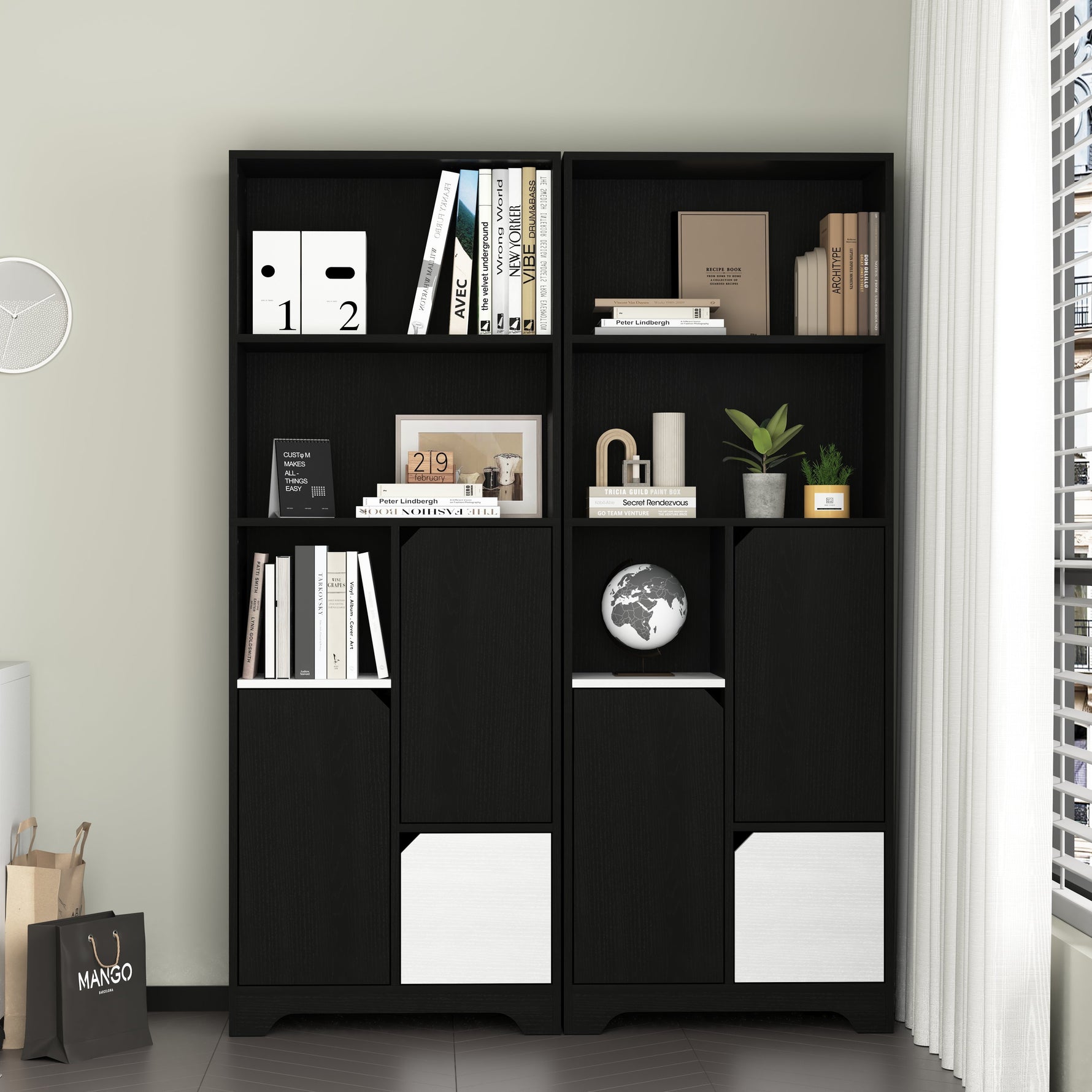 Multifunctional Bookcase with Open Storage, Doors & Drawers - Black/White