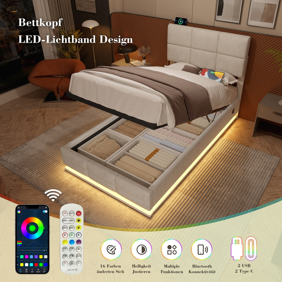 Modern Velour Upholstered Bed 90x200cm Adjustable Headboard USB/LED Hydraulic Storage, Beige