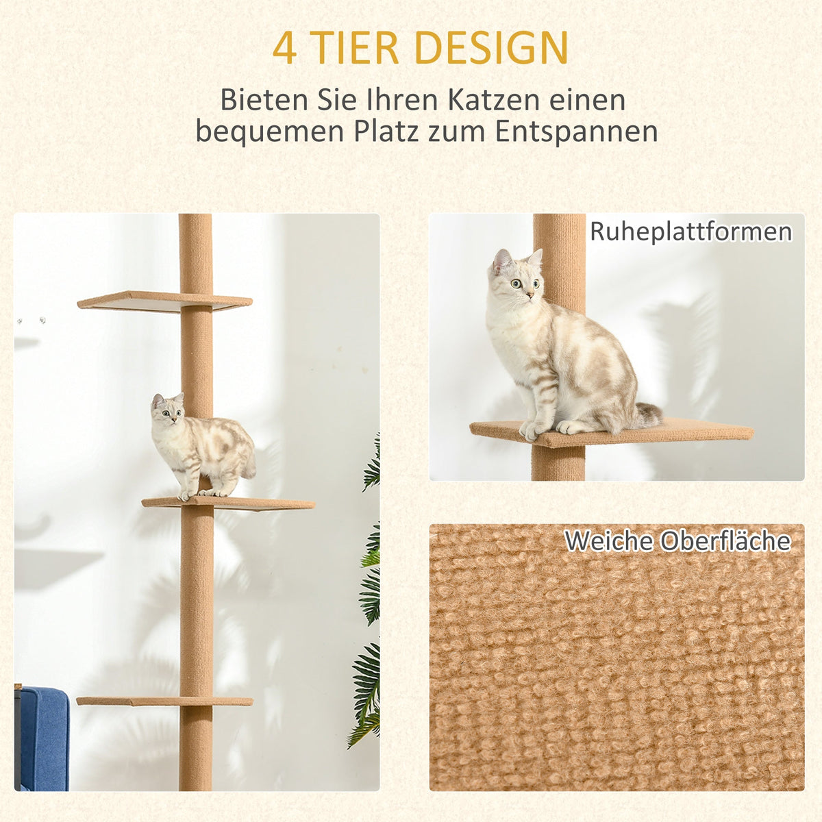 Scratching Post Climbing Tree, Height-Adjustable Play Tree for Cats, Light Brown