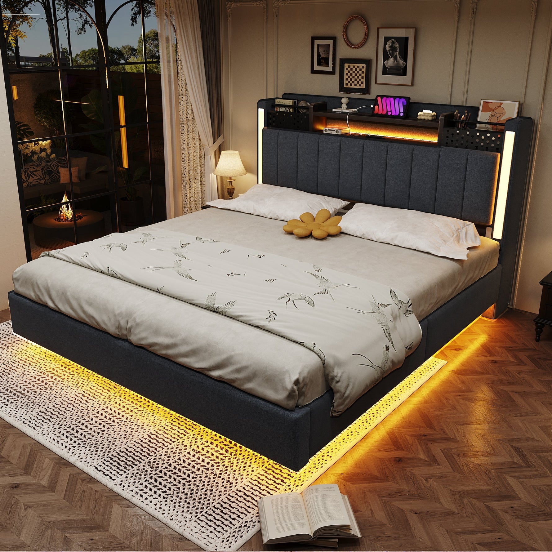 Upholstered Bed, 140x200, LED & USB, Storage Headboard, Floating Design, Grey Linen