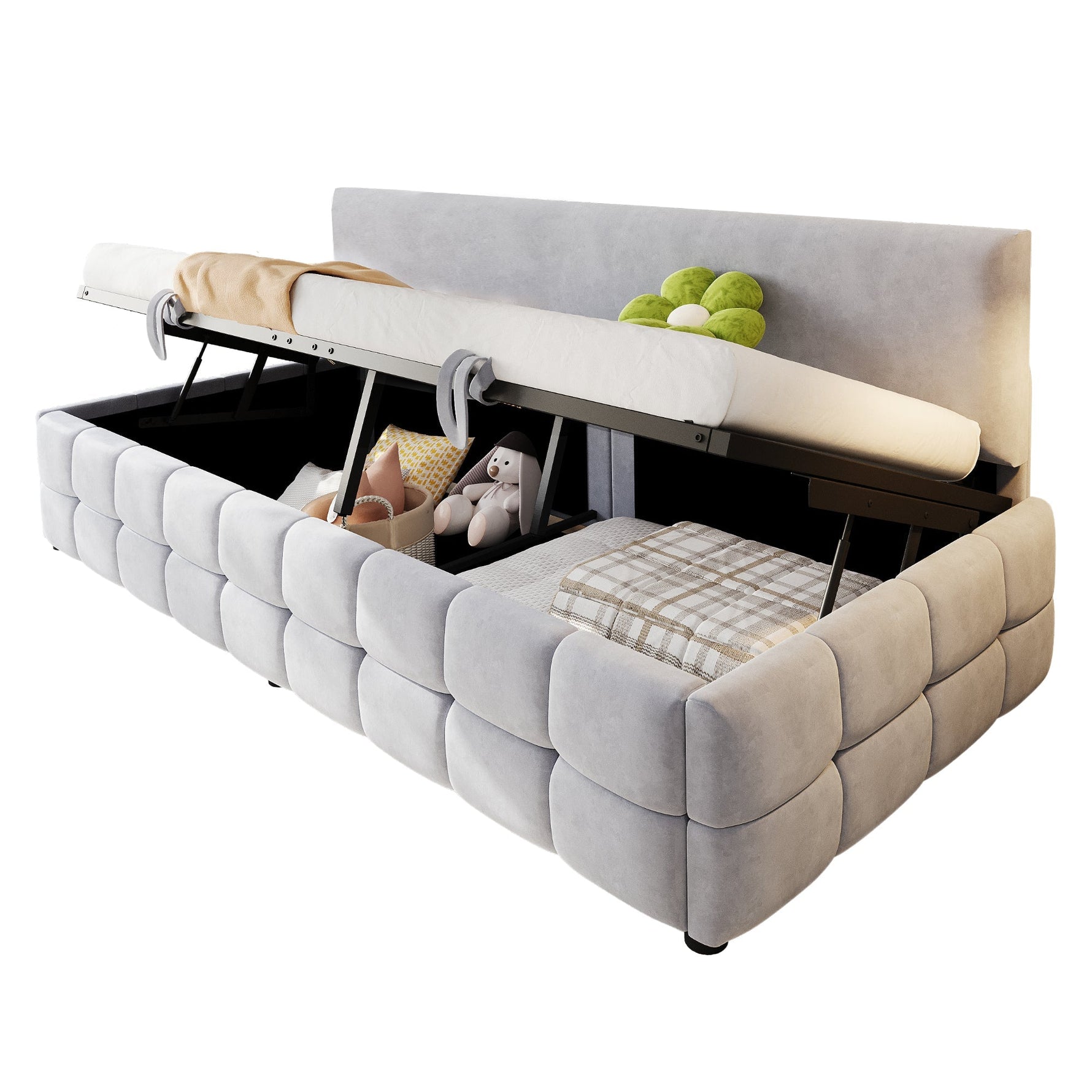 Upholstered Sofa Bed 90x200cm Hydraulic Storage Classic Check Pattern Light Grey Velvet