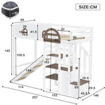 Bunk Bed, Children's with Window, Slide, Stairs & Storage, Pine + MDF, White + Brown, 90 x 200 cm