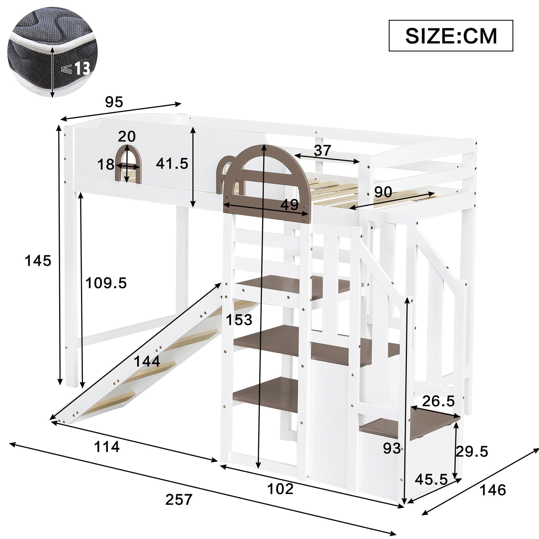 Bunk Bed, Children's with Window, Slide, Stairs & Storage, Pine + MDF, White + Brown, 90 x 200 cm