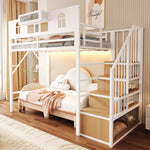 Metal Loft Bed 90x200cm with Storage Ladder & Light Strip, White